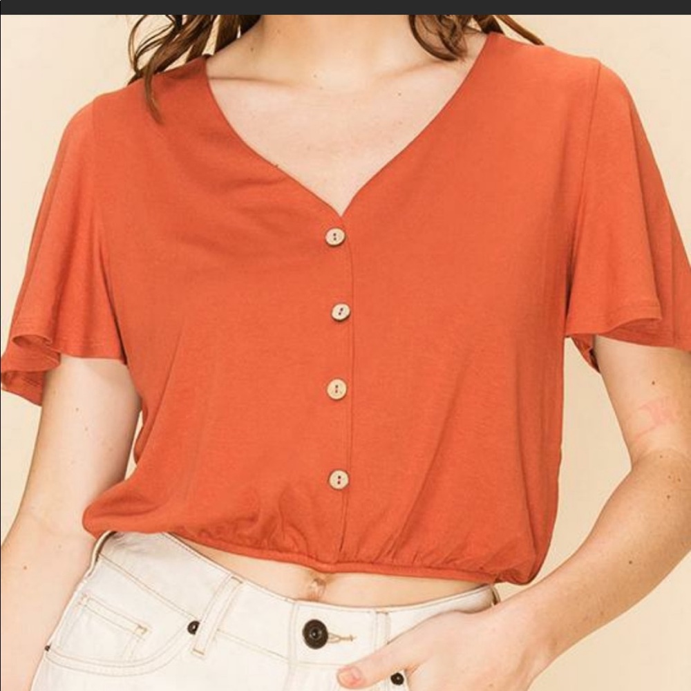 New Shirt, Cropped, Button Up Blouse, Terra Cotta, Lightweight, Flutter Sleeves